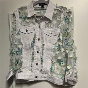 Sheer Floral-Appliqué White Denim Jacket